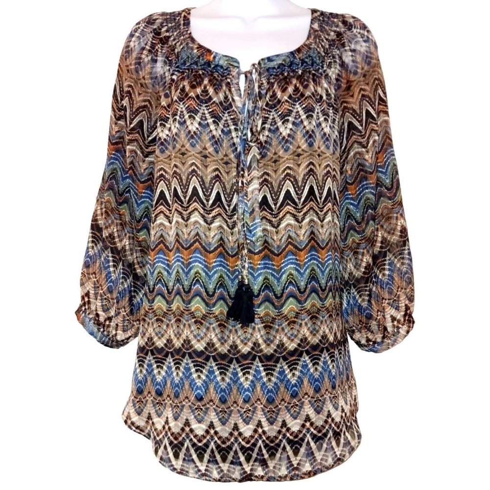 ANTHROPOLOGIE MEADOW RUE Medium Multi-Color Chevron Print Lined Peasant Blouse